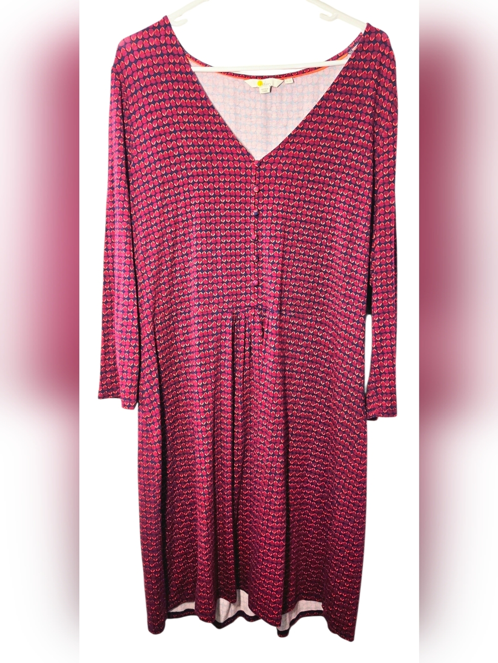 Boden Magenta Patterned Long Sleeve V-Neck Midi Dress Size 18